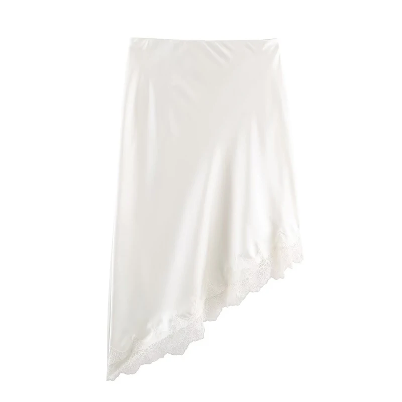 Women Chic Elegant Luxury Satin Lace Midi Skirt Asymmetry Long Skirt 2025 New Spring Autumn Fashion Party Mujer Skirt