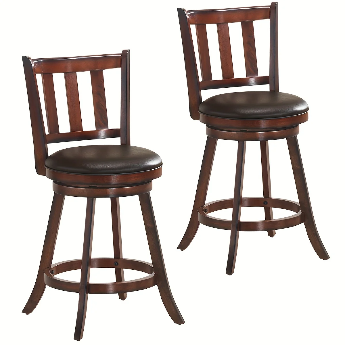 

2pcs Rustic Wooden Swivel Bar Stools, 25-Inch Height, Leather Padded Seat, Kitchen Pub Bistro Chairs With PVC Upholstery, Sturdy