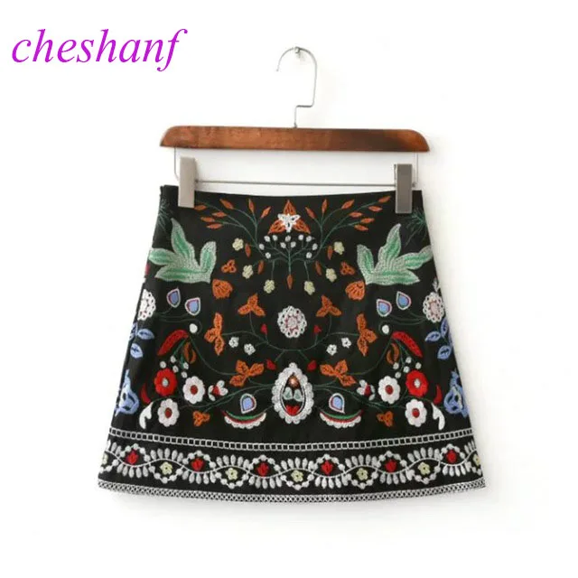 Spring 2023 A-Line Mini Ethnic Women Skirts Short Black Embroidered Skirt High Waist Floral Vintage Embroidery Skirts Female