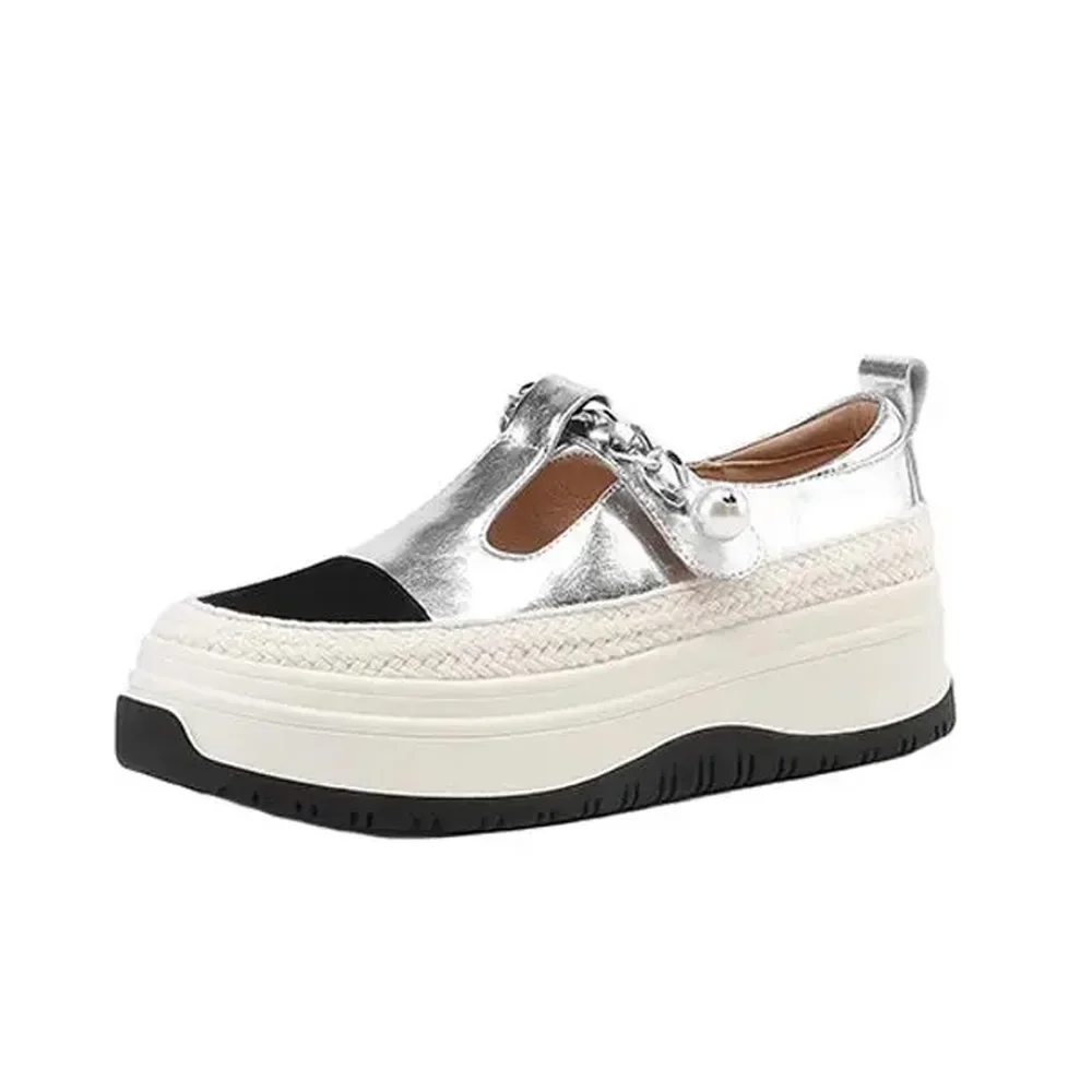 

Туфли женские из натуральной кожи, лоферы на платформе, без застежки, круглый носок, ручная работа, на липучке, повседневные Мокасины, серебристые