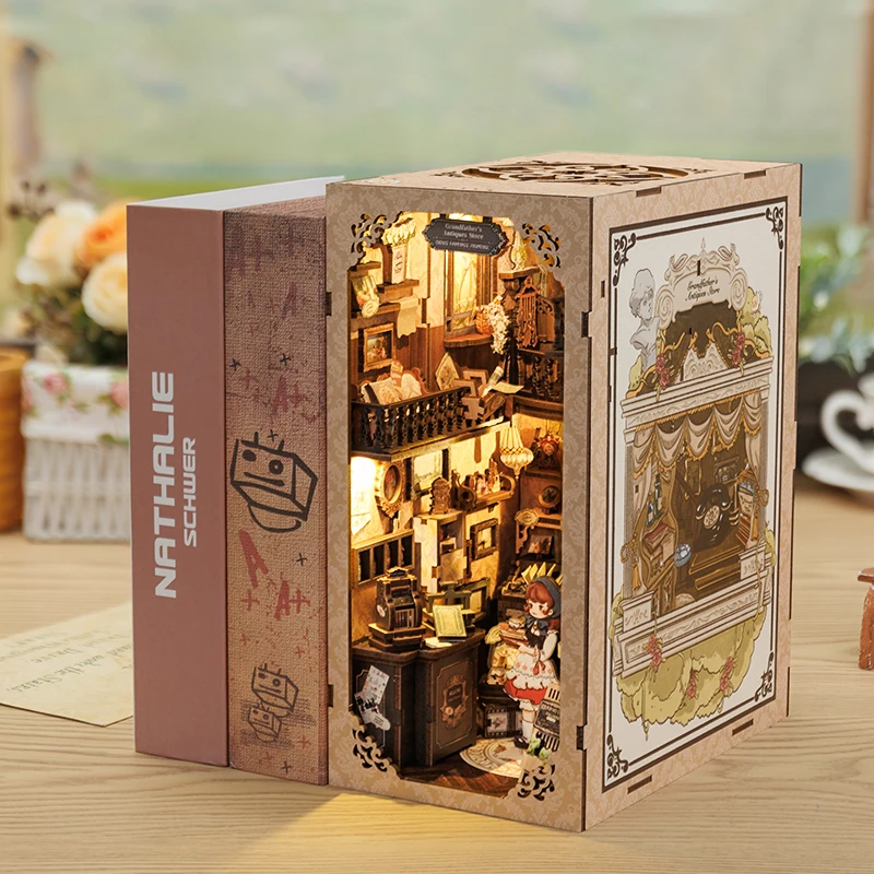 CUTEBEE DIY Book Nook Dollhouse Booknook with Touch Light Dust Cover Bookshelf Insert for Decor Gift Antique Shop of Grandfather 3