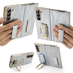Oatsbasf Dual Strap Leather Phone Case with Rotatable Stand, Shockproof Protective Cover for Galaxy Z Fold7 (Silver)