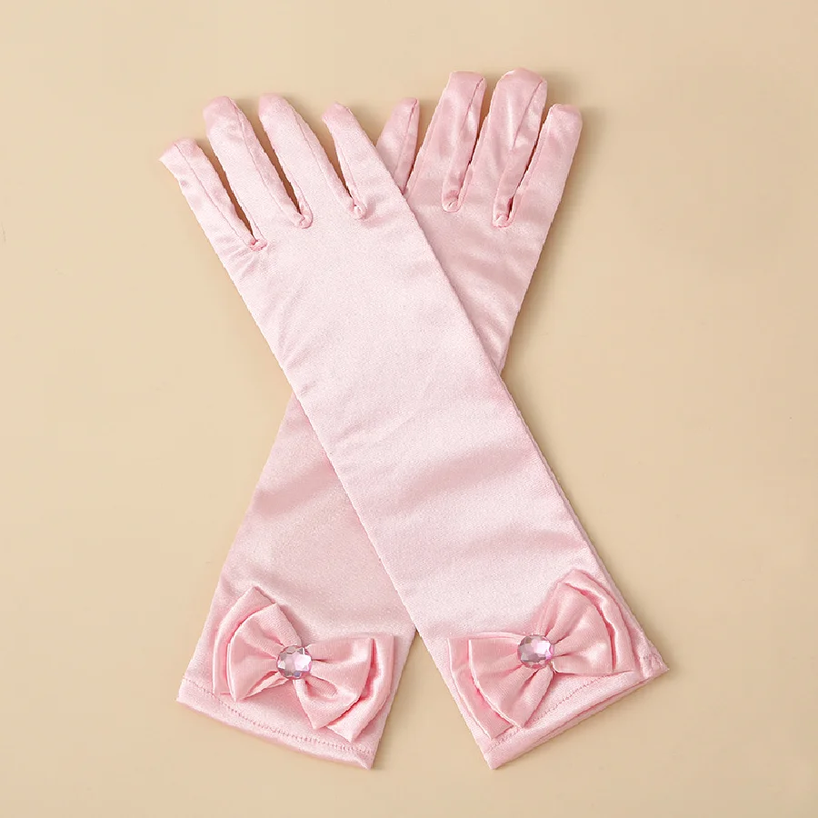 Children's satin princess gloves girl's butterfly shiny face knot dance performance stage gloves crystal all finger gloves satin gloves children gloves