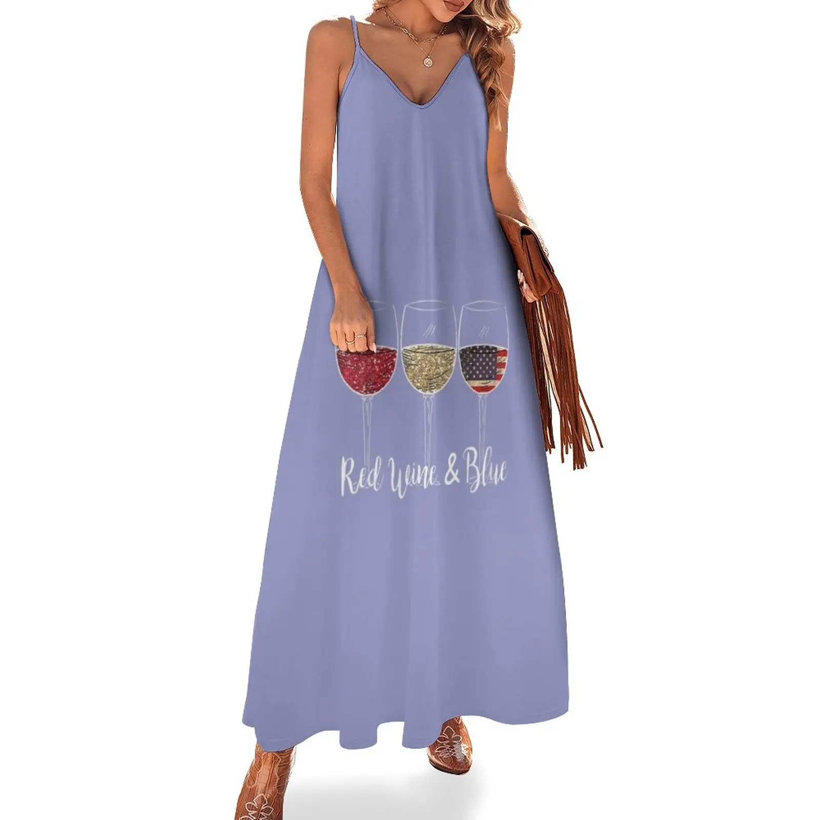 

Womens Red Wine & Blue 4Th Of July Wine Red White Blue Wine Glasses V-Neck Sleeveless Dress summer dresses ladies 2023