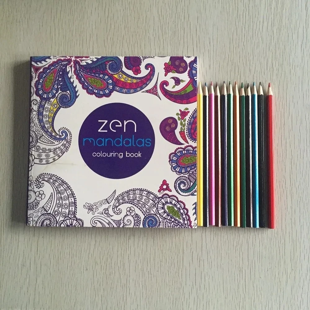 Zen Mandala Coloring Book with 12 Color Pencils for Stress Relief and Relaxation
