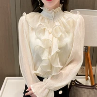 Chemisier en dentelle pour femmes, vêtements Vintage à volants, col montant, chemise en mousseline de soie blanche, manches longues bouffantes, hauts amples élégants, printemps automne 2