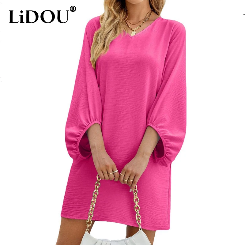 2022SummerSolidColorSimpleLooseCasualPulloverDressesWomenPuff