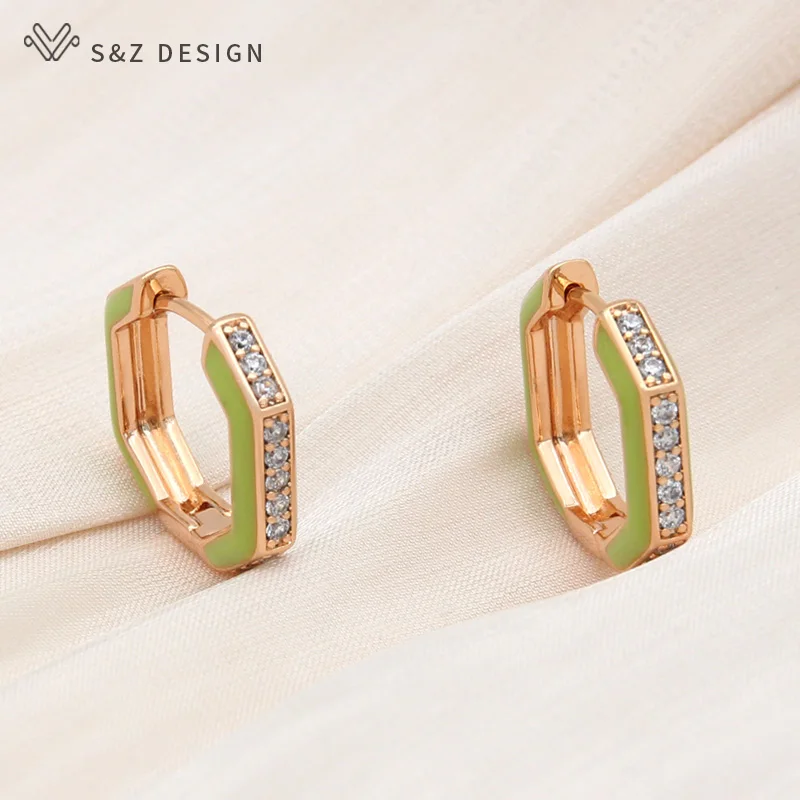 S&Z DESIGN New Fashion Vintage Green Enamel Drop Earrings For Women Wedding Champagne Gold Color Cubic Zirconia Eardrop Jewelry