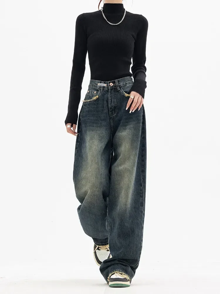 

2024 High Waist Women's Jeans Harajuku Vintage BF Style Streetwear All-match Loose Fashion Femme Wide Leg Denim Trousers