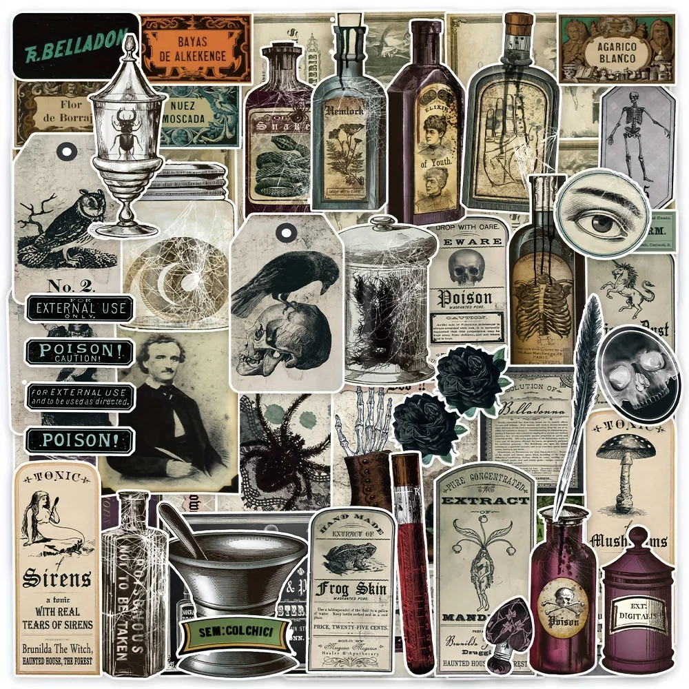Vintage Potion Bottle Labels Stickers 50PCS/Pack Retro Horror Gothic For Suitcase Scrapbooking Laptop Decorative