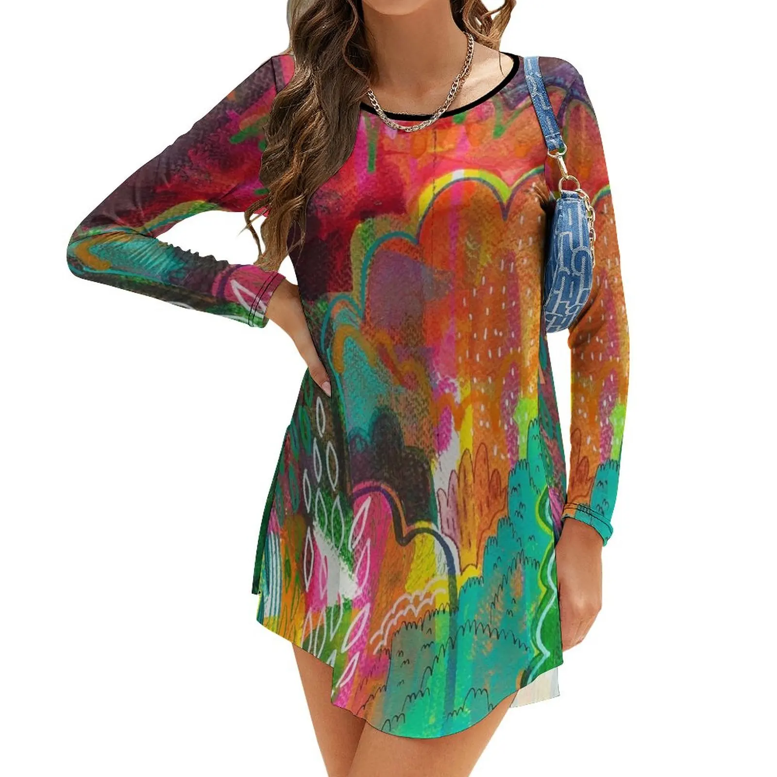 

Colorful Landscape Long-Sleeve Dress dress korean style Women's evening dress