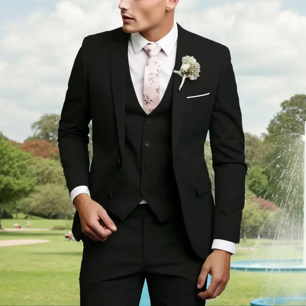 Slim Fit Men Suits Regular Fit 3 Piece Elegant Tuxedos Set Notch Lapel Blazer Vest Pants for Evening Party Wedding Male Suit