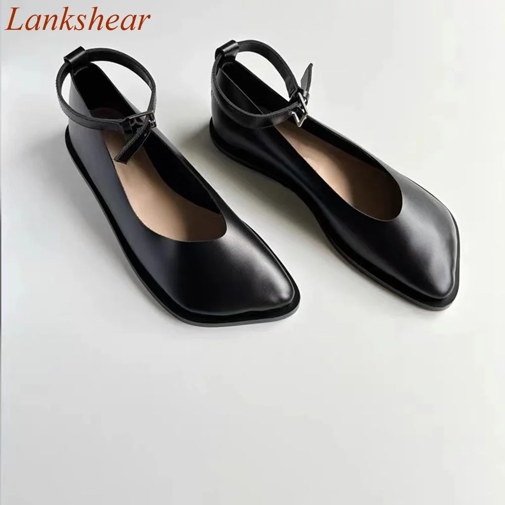 

Oblique Toe Shallow Women Shoes Flat Sole Black Cover Heel Ankle Strap Mary Jane Genuine Leather Niche Design 2024 New Arrivals