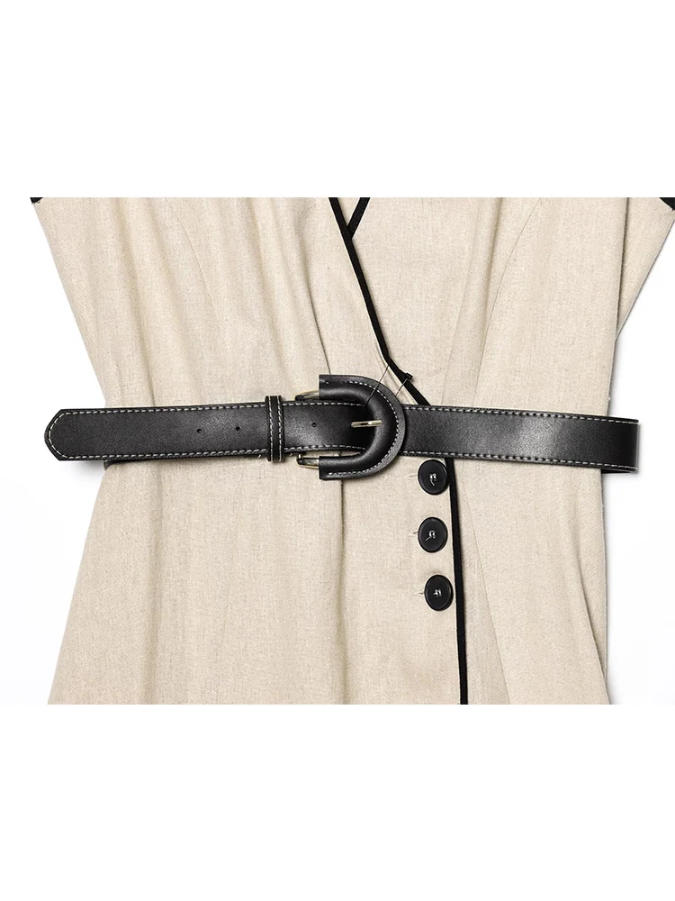 TFMLN 2025 New Women's Belt Midi Dress Fashion V-Neck Sleeveless Female Chic Vintage Summer Dresses Elegant OL Streetwear