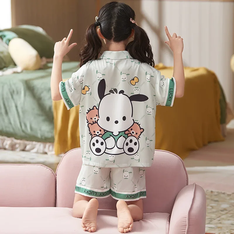 

Sanrio Anime Hello Kitty Kuromi Cinnamoroll Pochacco Pajamas Children Short Sleeved Summer Ice Silk Home Wear Kawaii Girls Gift