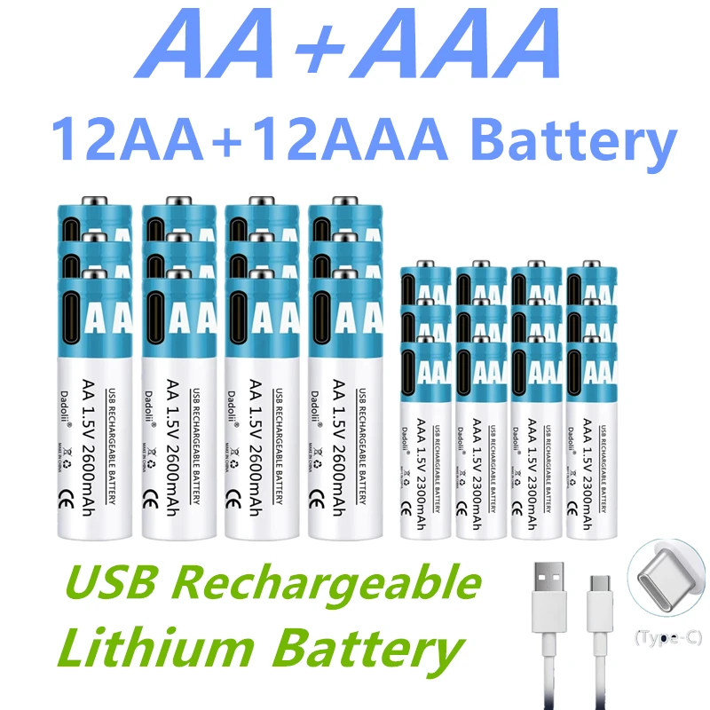 AA + AAA Battery 1.5V Li Ion Battery 2600mAh rechargeable lithium ion battery AA 1.5V USB fast