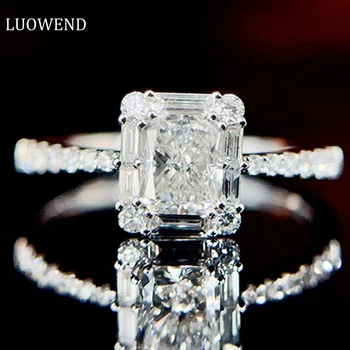 LUOWEND 18K White Gold Rings Luxury Shiny Style Real Natural Diamond Engagement Ring for Women High Wedding Jewelry