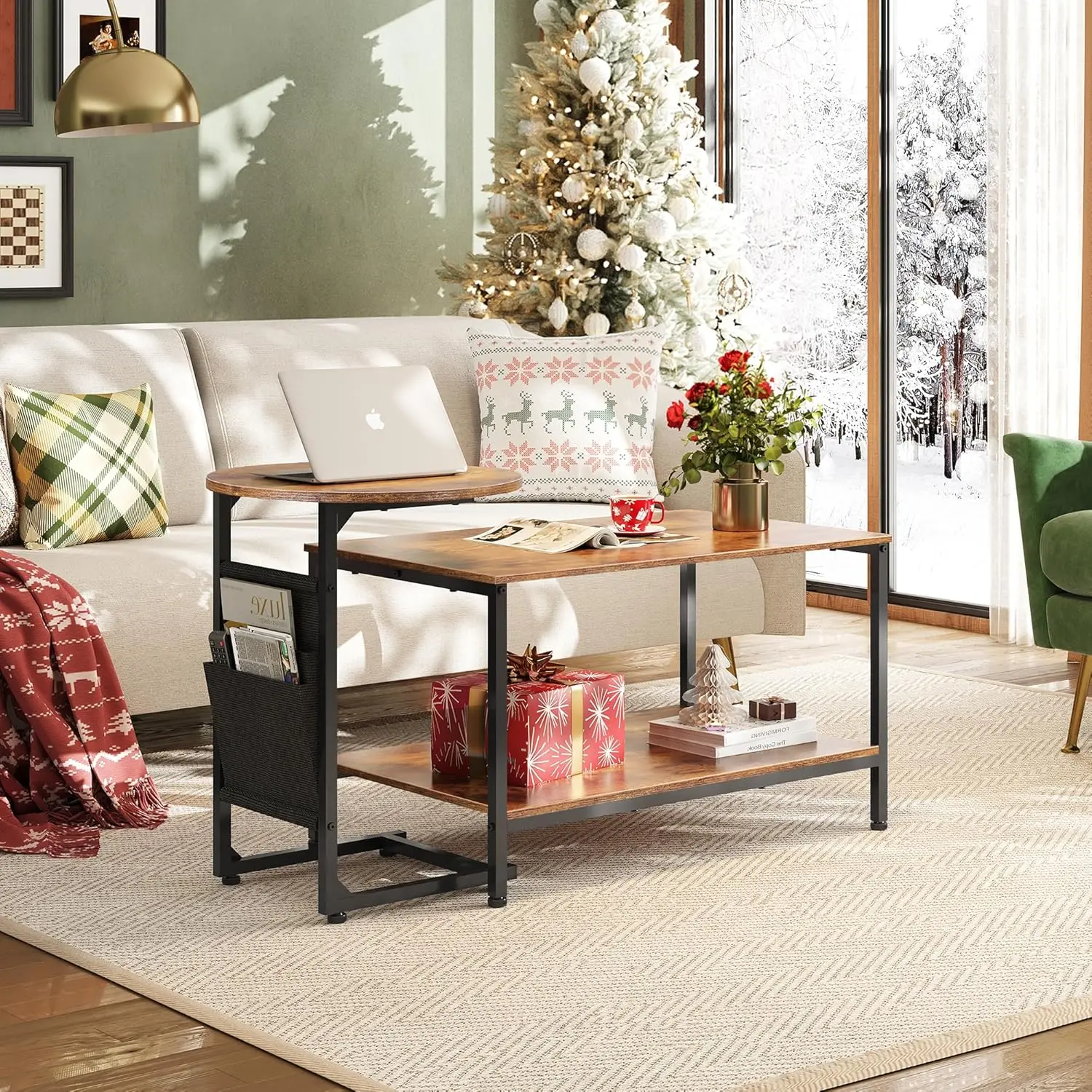Coffee Table, 31.3" and 18.7" Small Coffee Tables for Living Room, Modern Center Table and Side Table Set withStorage Side Pouch 6