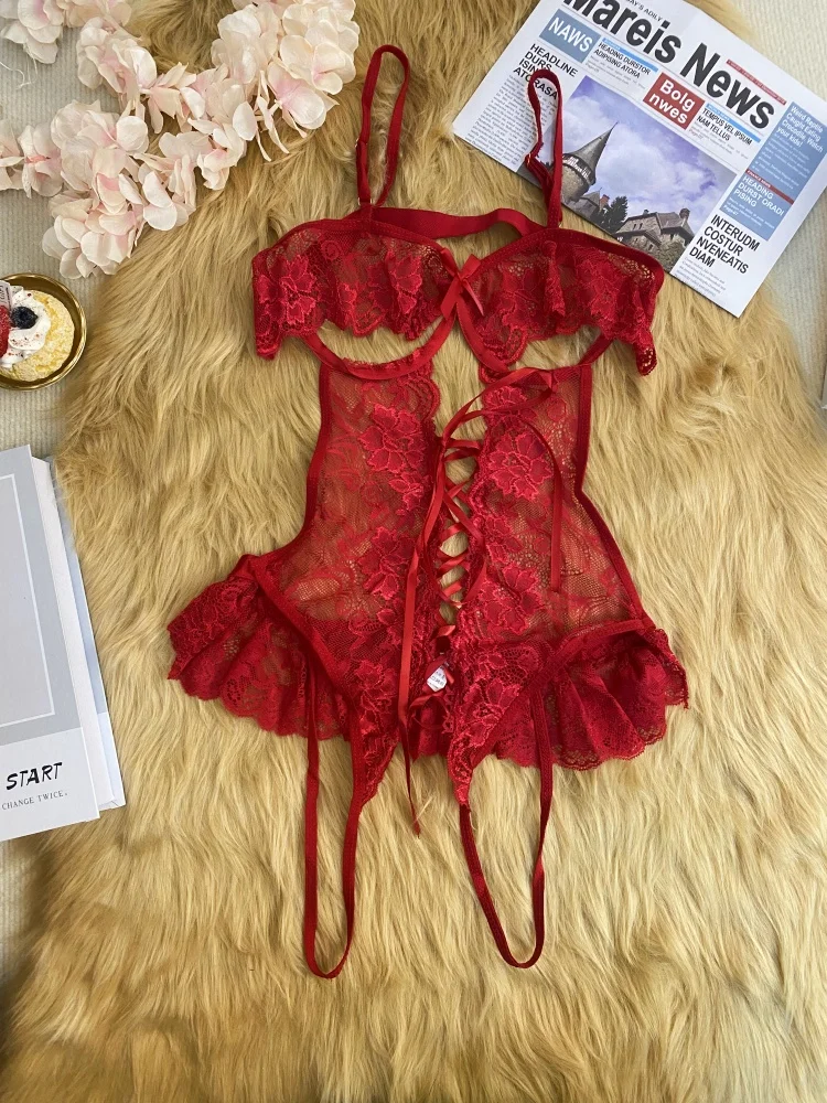 Sexy Lingerie Crotchless Red Sexy Lingerie Women Lace Hollow Bra Set Erotic Costumes Teddy Baby Doll Dress Deep V Open Bra Sexiest Bodysuits