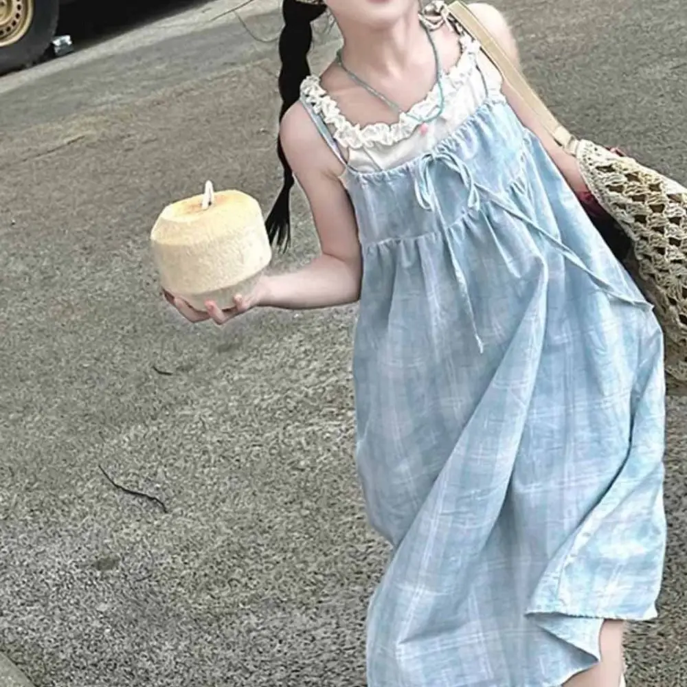 Fashion Loose Girls Princess Grid Dress Teenagers Beach Vacation Summer Kids Dresses Sweet Party Children Sling Dress Summer