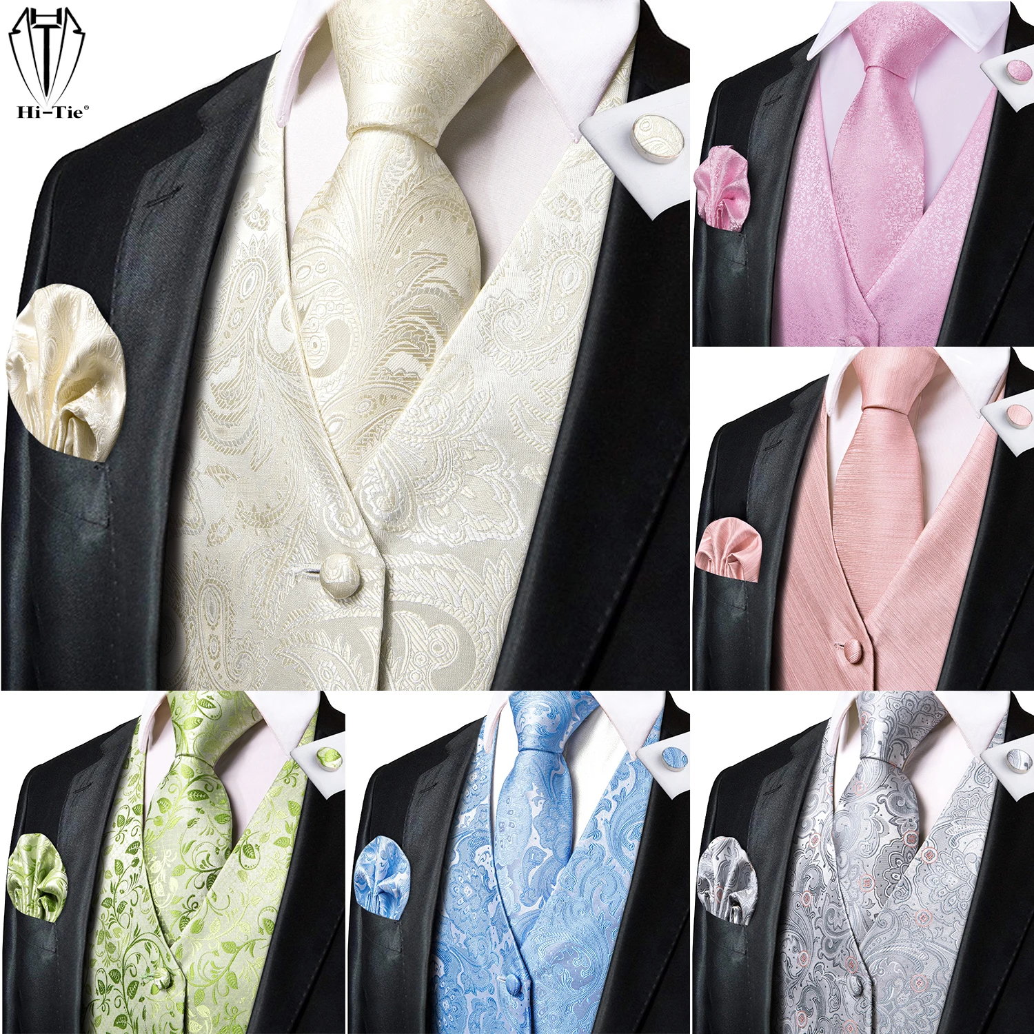 Hi-Tie Silk Mens Vest Tie Set Jacquard Floral Paisley Sleeveless Jacket Waistcoat Necktie Hanky Cufflinks Male Wedding Business