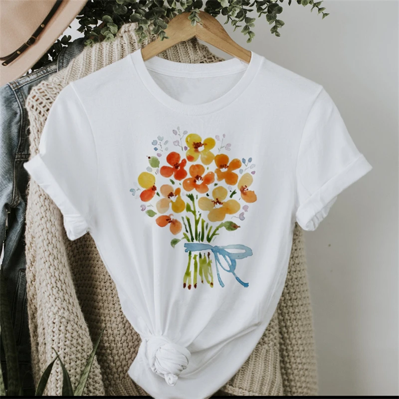 

Женский топ с принтом, базовая футболка, женская простая и Милая футболка с коротким рукавом и красивым мультяшным цветочным узором для женщин