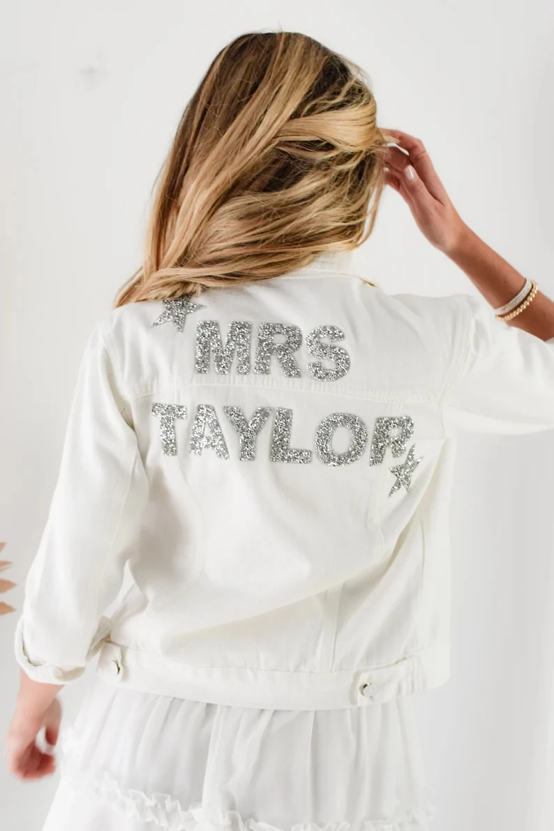 Personalized White Wedding Jacket Bride Denim Jacket Bride Jean Jacket Personalized Jacket Mrs Jacket Bridal Shower Gift Ideas