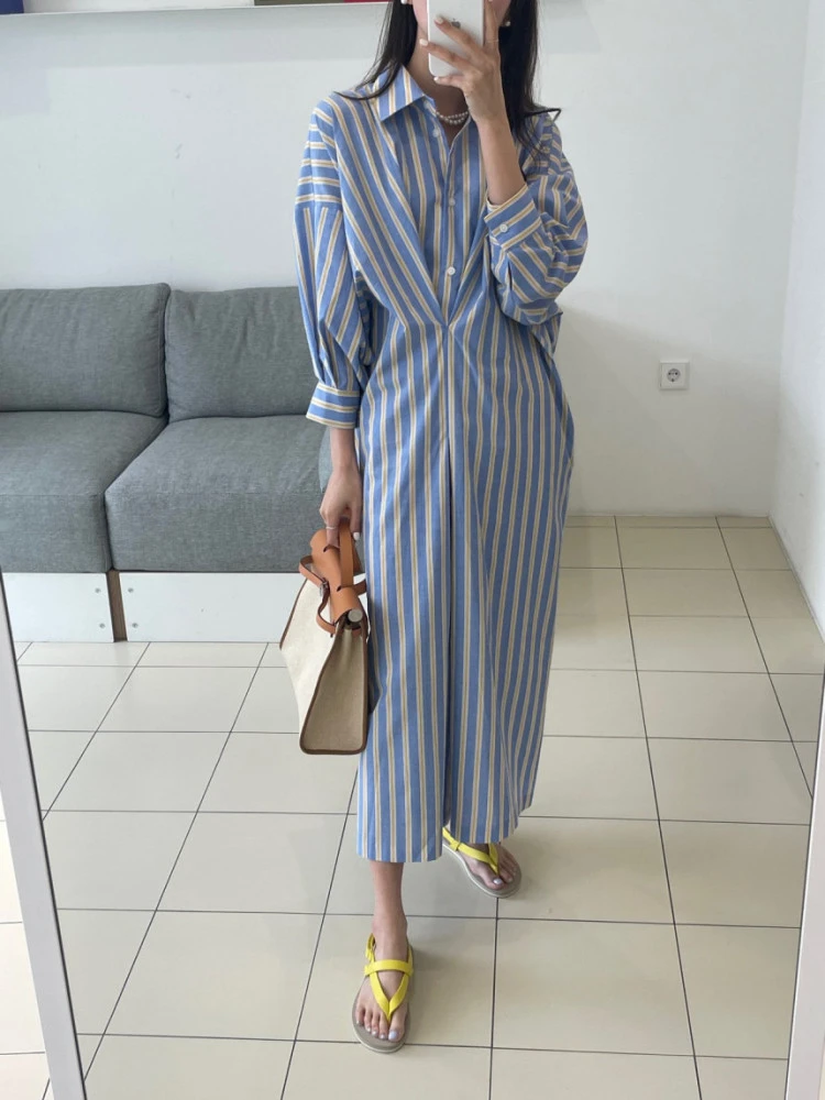 Spring Oversize Striped Long Shirt Dress For Women Long Sleeve Kink Pleat Maxi Dresses French