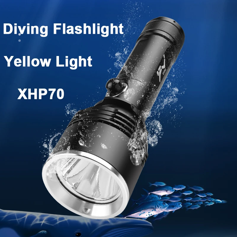 

Diving LED Flashlight Torchs Waterproof IPX8 XHP70 Yellow Light AAA/18650/26650 Battery Underwater Shock Resistant Lantern Lamp