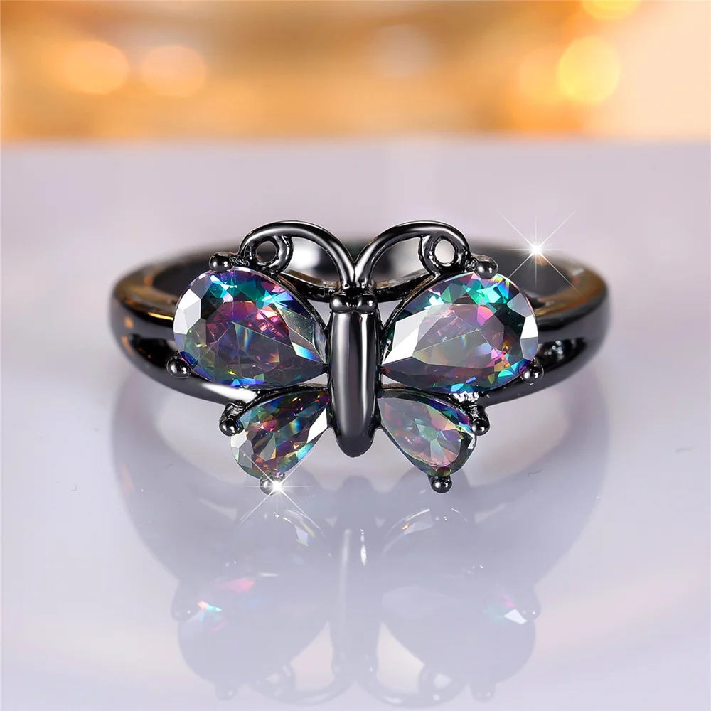 Trendy Cute Female Rainbow Zircon Stone Butterfly Ring Vintage Fashion Black Gold Color Wedding Jewelry For Women