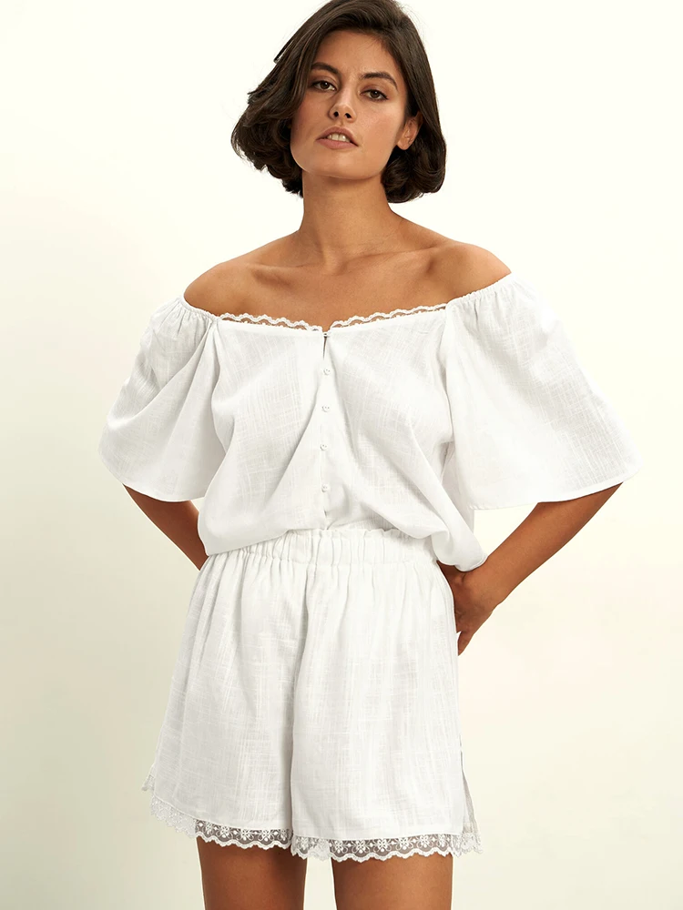 

Linad Off Shoulder Pajamas For Women 2 Piece Sets Loose Short Sleeve Sleepwear Female Casual Suits With Shorts Autumn Homewear