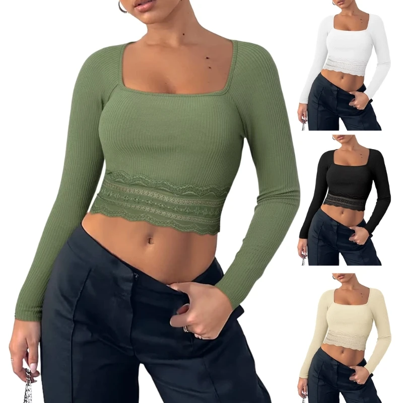 

Womens Basic Square Neck Long Sleeve Skinny Crop Top T-Shirt Autumn Solid Color Camisoles Y2K Clubwear Dropship