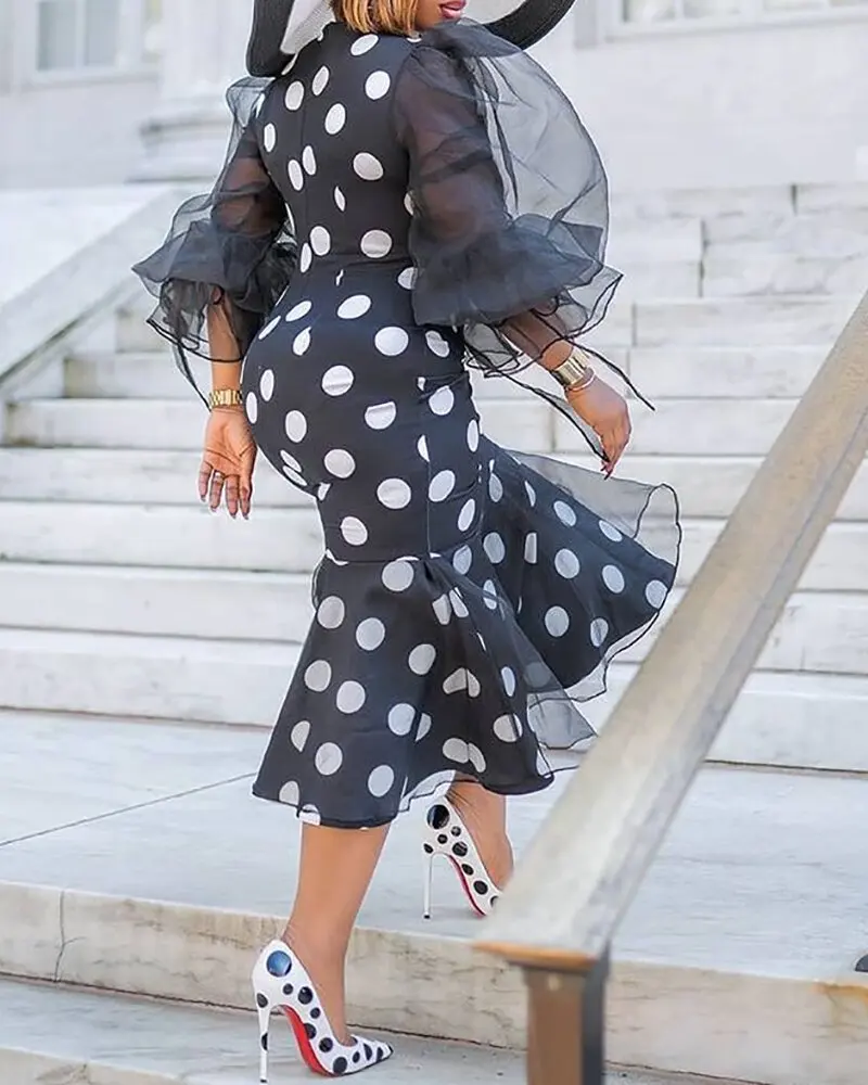 

New Women Printed Midi Birthday Party Dress Black Long Sleeve Round Neck Tulle Patchwork Dot Female Clothes Elegant Prom Dresses