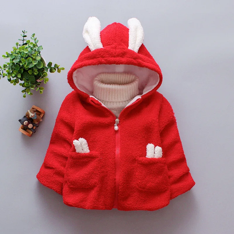 Autumn And Winter Korean Version Girls' Embroidered Coat Children's Plush Cute Hooded Bunny Ear Cotton Jacket