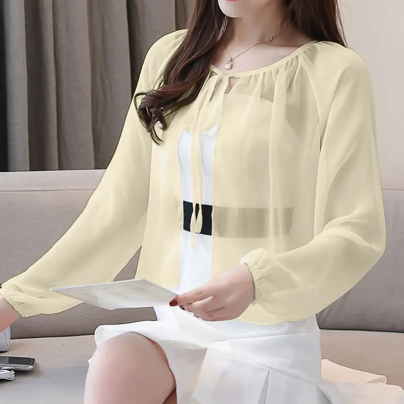 Korean Style Fashion Woman Chiffon Shawl Long Sleeve O-Neck Prevented Bask Clothes Female Sun Pretection Cape Shirts Blouses 넥워머 2023 new korean version of high quality wool blend tassel triangle scarf fashion warm shawl bib women bufanda hot sale шарф