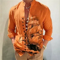 Chemise à col montant pour homme, imprimé bateau à voile vintage, boutonnée, coupe décontractée, chemisier de plage pour les vacances 3