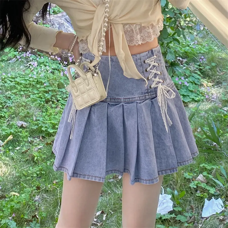 

Hs 2023 Women Y2K Skirts High Waist Lace Up Pleated Midi Skirt Kawaii Cute Denim Skirts Y2k Trend Girls Mini Skirt Korean
