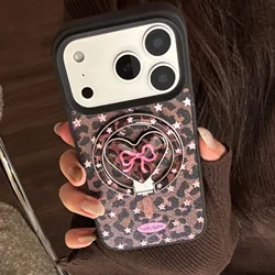 Korean Leopard Print Glitter Love Heart Magnetic Phone Case - Shockproof Cover with Foldable Bracket - iPhone 15 Plus (B with holder)