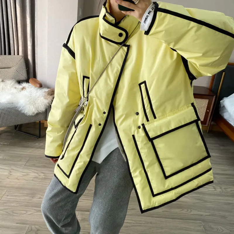 

2022 Casual Warm Winter Jacket For Women Korean Fashion Fluorescent Green Loose Outwear Oversized Cotton Padded Coat Harajuku