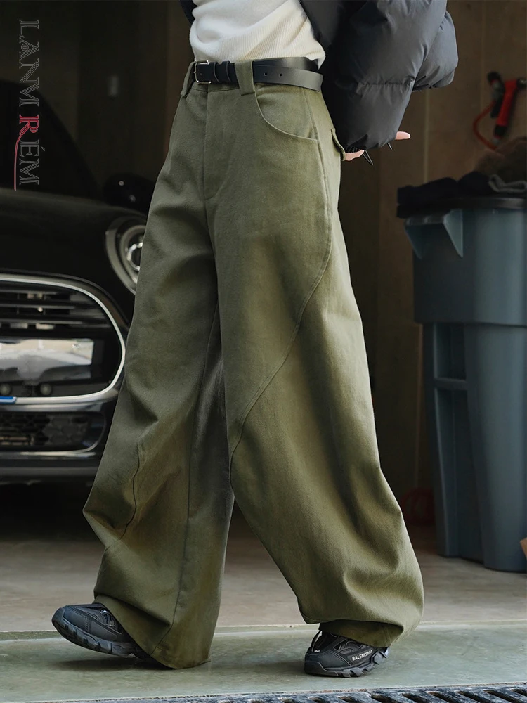 

[LANMREM] Vintage Wide Leg Pants For Women Korean Style High Street Design Loose Solid Trousers 2024 Spring New Fashion 2WA135