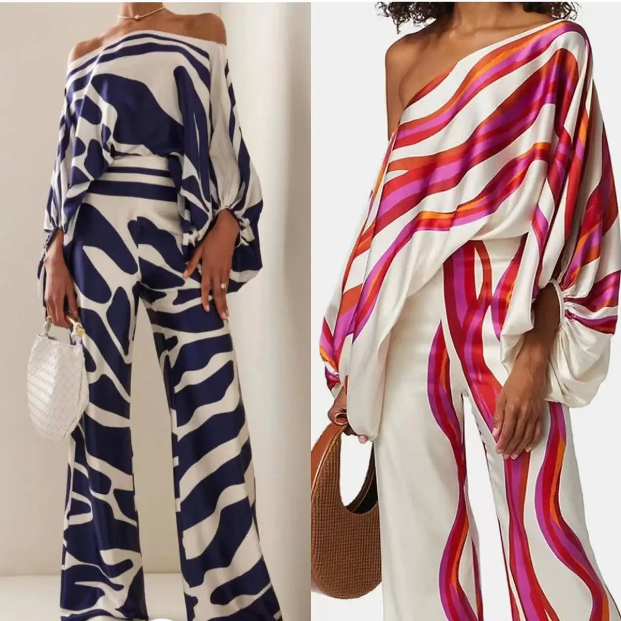 Chic Print Lantern Sleeve Satin Top Wide Leg Pant Suit Women Sexy Off Shoulder Long Sleeve 2 Piece Set Casual Office Lady Outfit