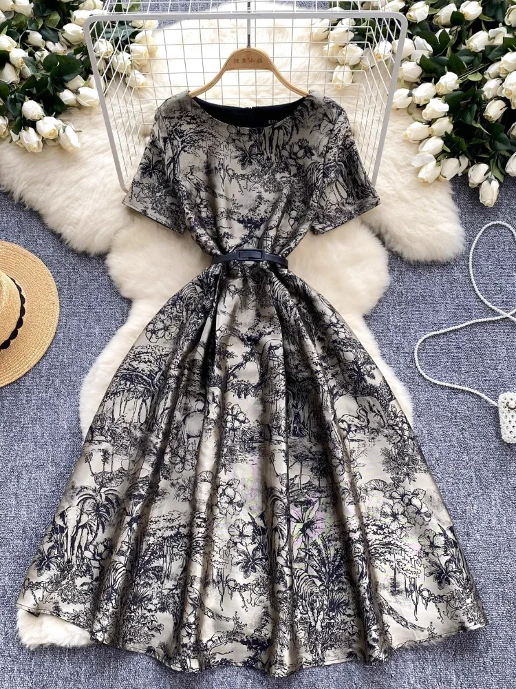O-Neck Floral Print High Waist Slim Long Vintage Robe Women Summer Pocket Midi Dress
