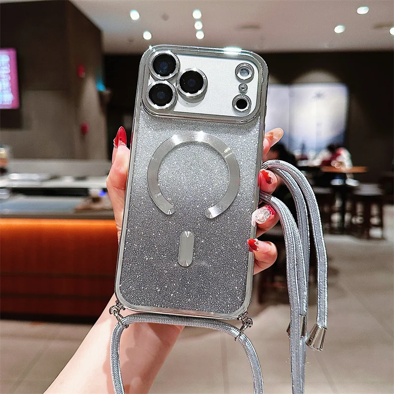 Glitter Magnetic Crossbody Lanyard Phone Case with Magsafe-Compatible Soft TPU Back Cover