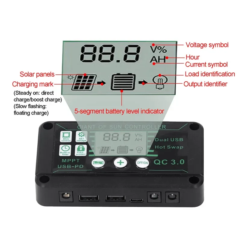방수 MPPT 태양열 충전 컨트롤러 10/20/30/40/50/80/90/100A 12V/24V 듀얼 USB 자동 디스플레이 태양 전지 패널 레귤레이터 컨트롤러