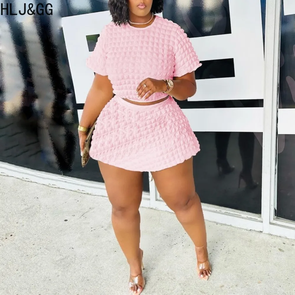 HLJ&GG Summer Solid Color Puff Mini Skirts Two Piece Sets Women O Neck Short Sleeve Crop Top And Skirts Outfits Female Clothing