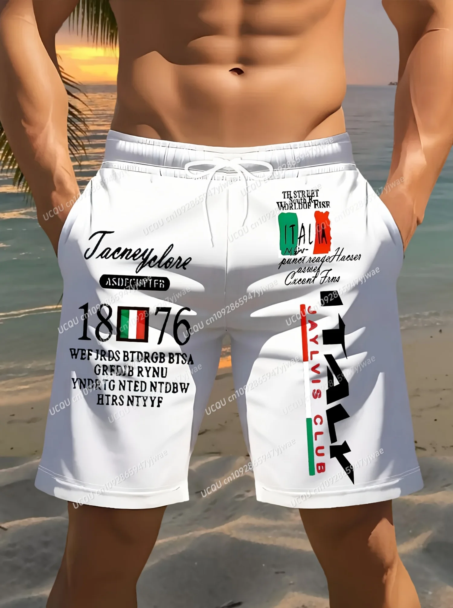 Sommer Herren Boardshorts ITALIA 1776, bedruckt, Urlaub, Badehose, Kordelzug, elastisch, schnell trocknend, hawaiianische Strandshorts, Herrenbekleidung