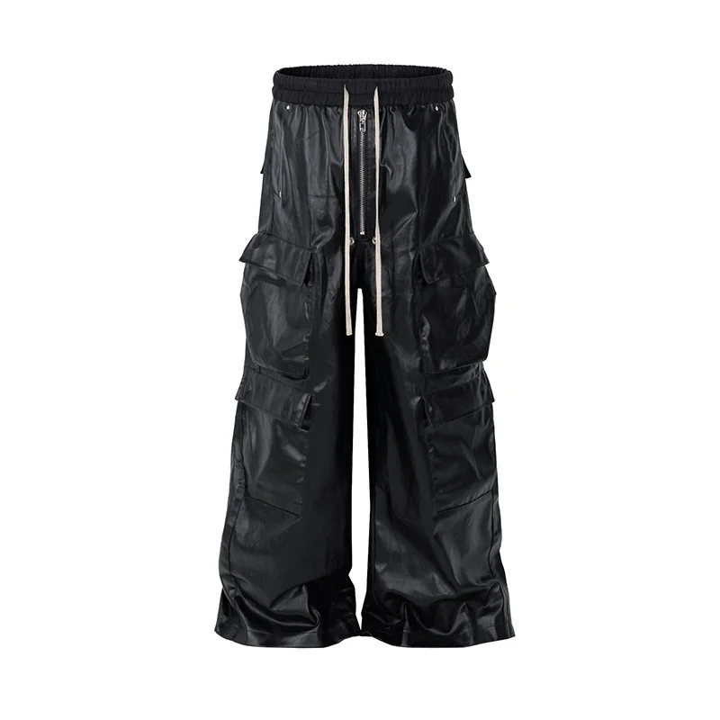 Trendy American Street Men's Work Pants PU Leather Pocket Wide Leg Trousers Solid Color Darkwear Male Casual 21Z7056 FEWQ