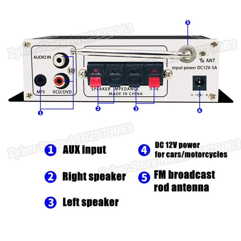 12V Mini Digital Bluetooth 5.0 Power Amplifier Blue Light Stereo Audio Amplifier for Home Theater Car Club Party USB Card FM AMP