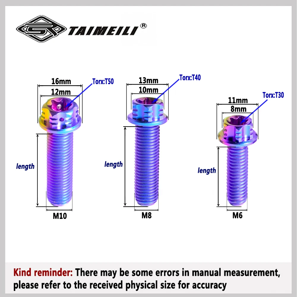 TAIMEILI 티타늄 합금 내부 및 외부 매화 플랜지 나사, 캔디 컬러 오토바이 수정 나사, M6M8M10
