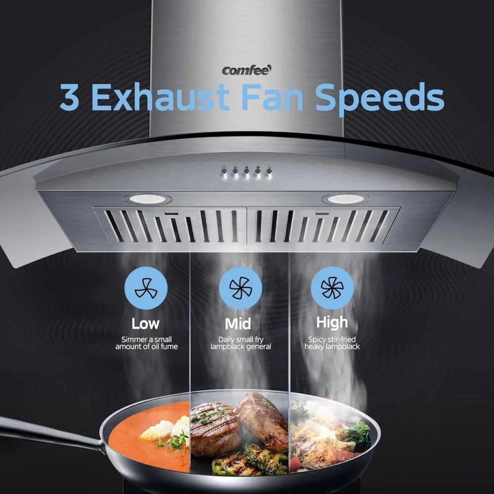 CVG30W8AST 30 Inches Ducted Wall Mount Vent Range Hood with 450 CFM 3 Speed Exhaust Fan, Baffle Filters, Curved Glass